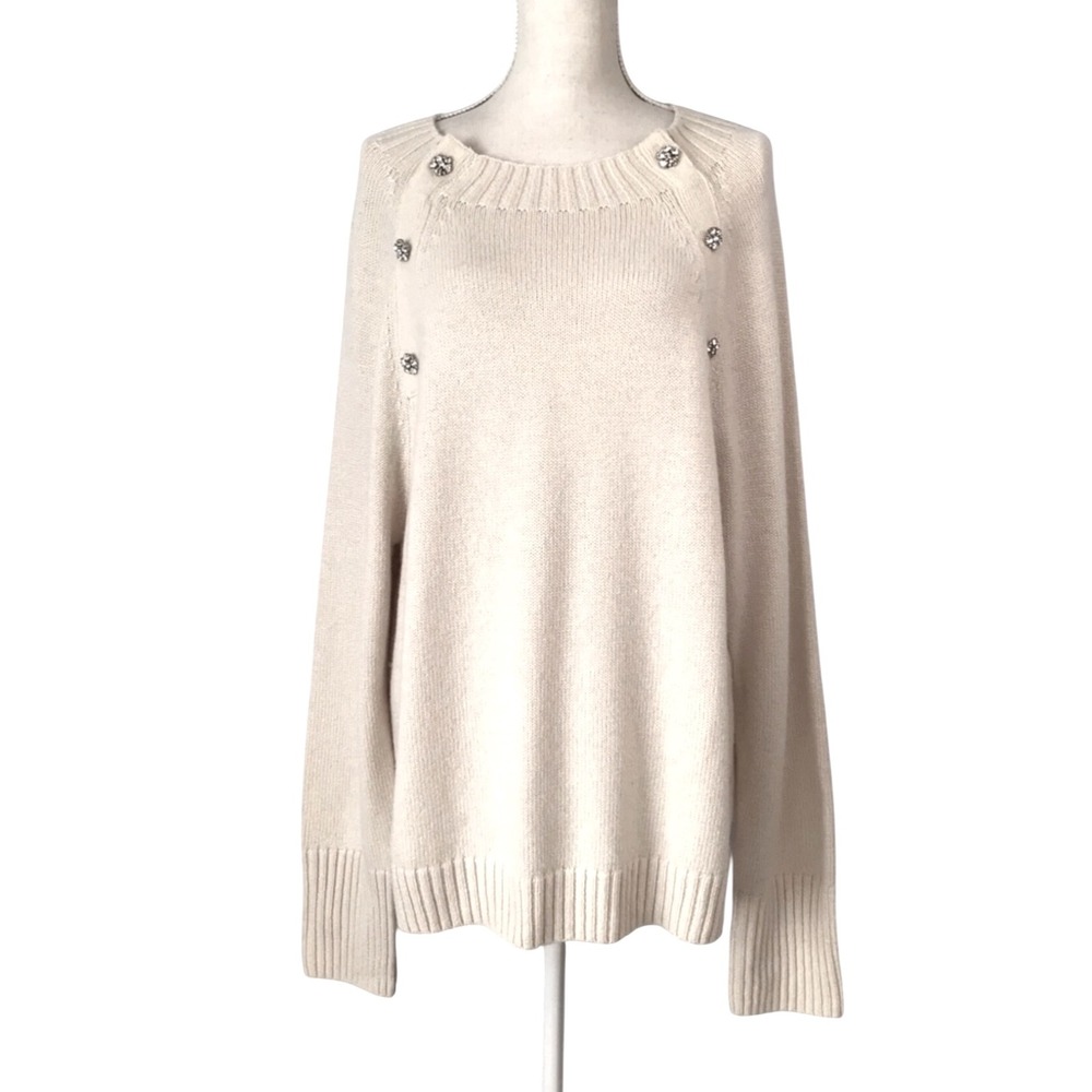 J. Crew Cream Button Embellished‎ Knit Holiday Sparkle Sweater Pullover Size L